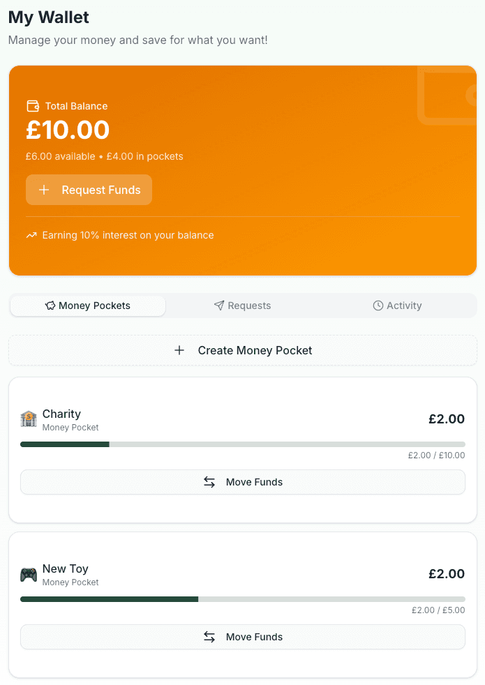 Child wallet with money pockets and sub-wallets